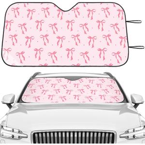 DaisyInner Pink Bow Car Windshield Sun Shade Cute Cars Visor Front Windshield Sun Protector to Keep Cooler Vehicle Automotive Sunshade Interior Heat and UV Protection 55 x 27.6 Inch (White)
