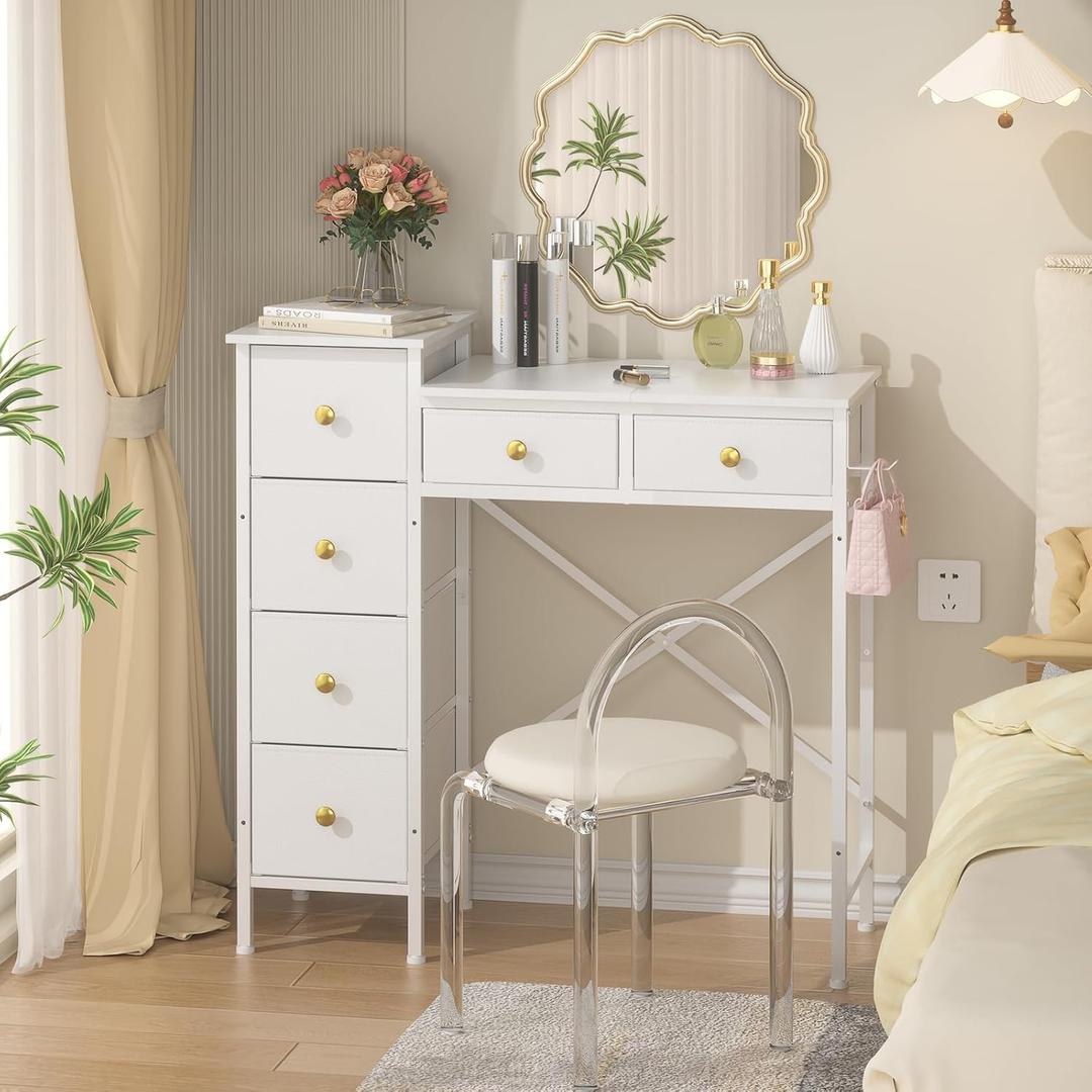 Vanity Desk No Mirror, Small White Vanity Desk, Makeup Girls Vanity Table with 6 Storage Drawers, Dressing Table for Small Spaces, Compact Vanity with Iron Hook for Bedroom, 33.07"L x 12.6"W x 33.07"H