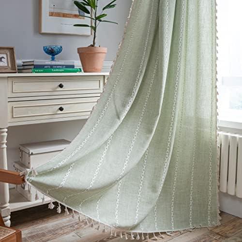 Sutuo Home Boho Curtains for Bedroom 96 Inches Long, Light Filtering Farmhouse Vintage Chic Tassels Window Treatment Bohemian Embroidery Drape, Rod Pocket 1 Panel 52" W x 96" L, Sage Green