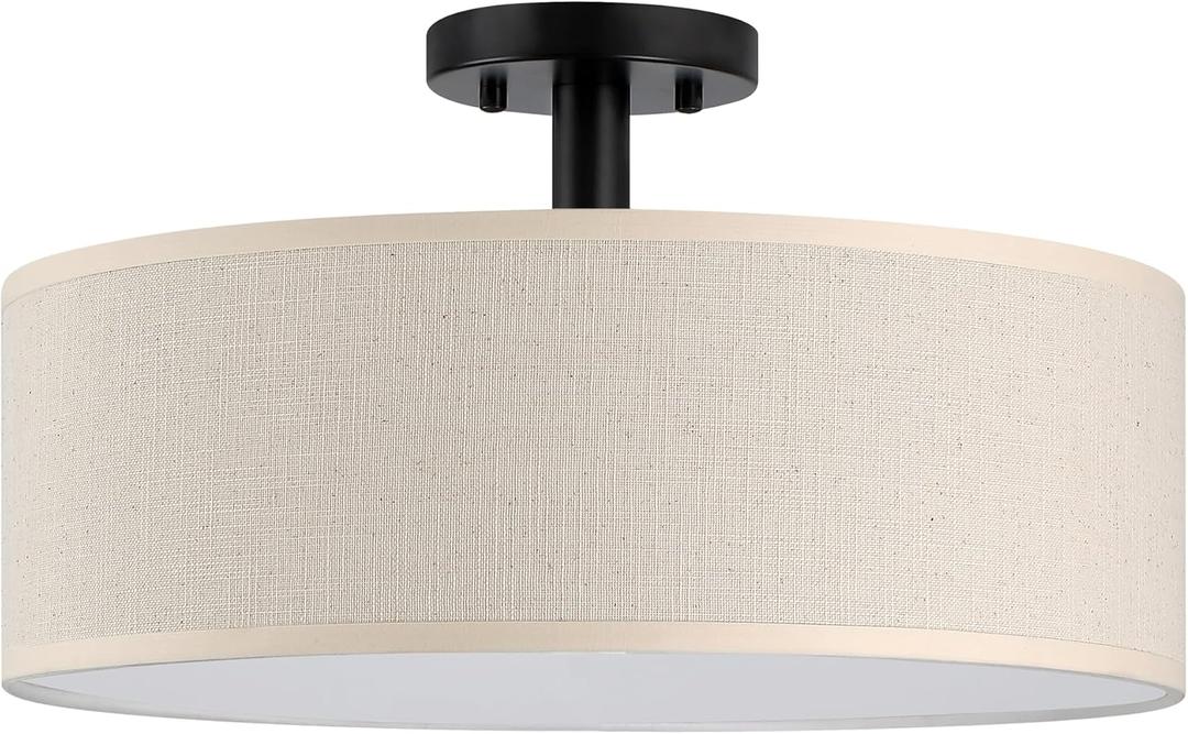 LED Adjustable 3000/4000/5000 Cream Drum 15" Fabric Shade semi Flush Mount Ceiling Light PS Diffuser Chandeliers Shade for Bar,Dining Room,Corridor,Living Room(Black)
