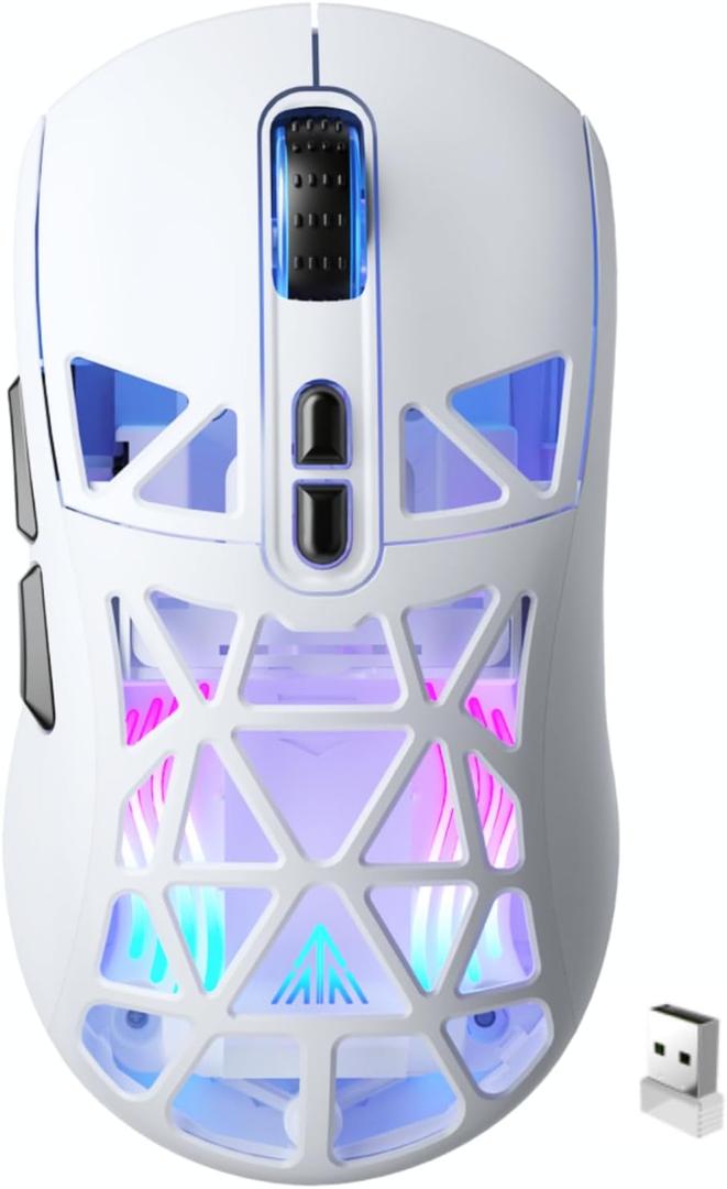 SM802 ProWireless Gaming Mouse,24000 DPI,Tri-Mode (Wireless/BT5.0/Wired) White Gaming Mouse with 2 Side Buttons, RGB Programmable Macro PC Gaming Mice