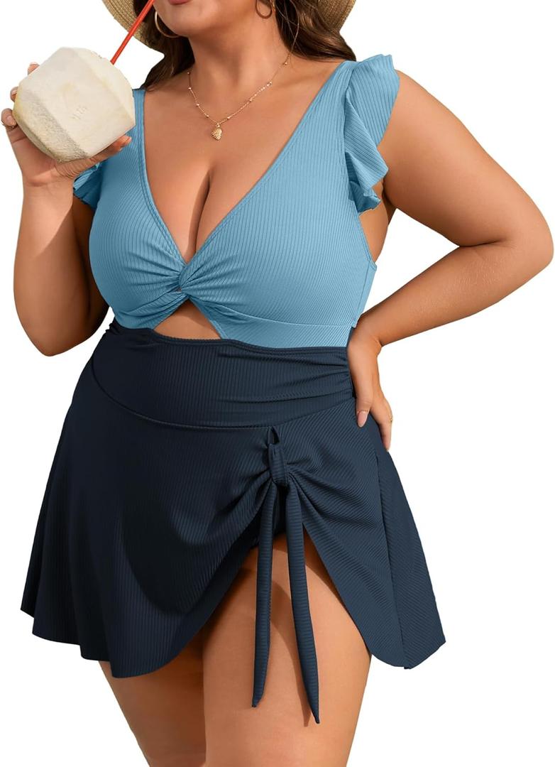 Charmo Plus Size Bathing Suit Women Cute Tie Swim Dress High Waisted Swimsuits Tummy Control Swimwear Blue Splicing 3X