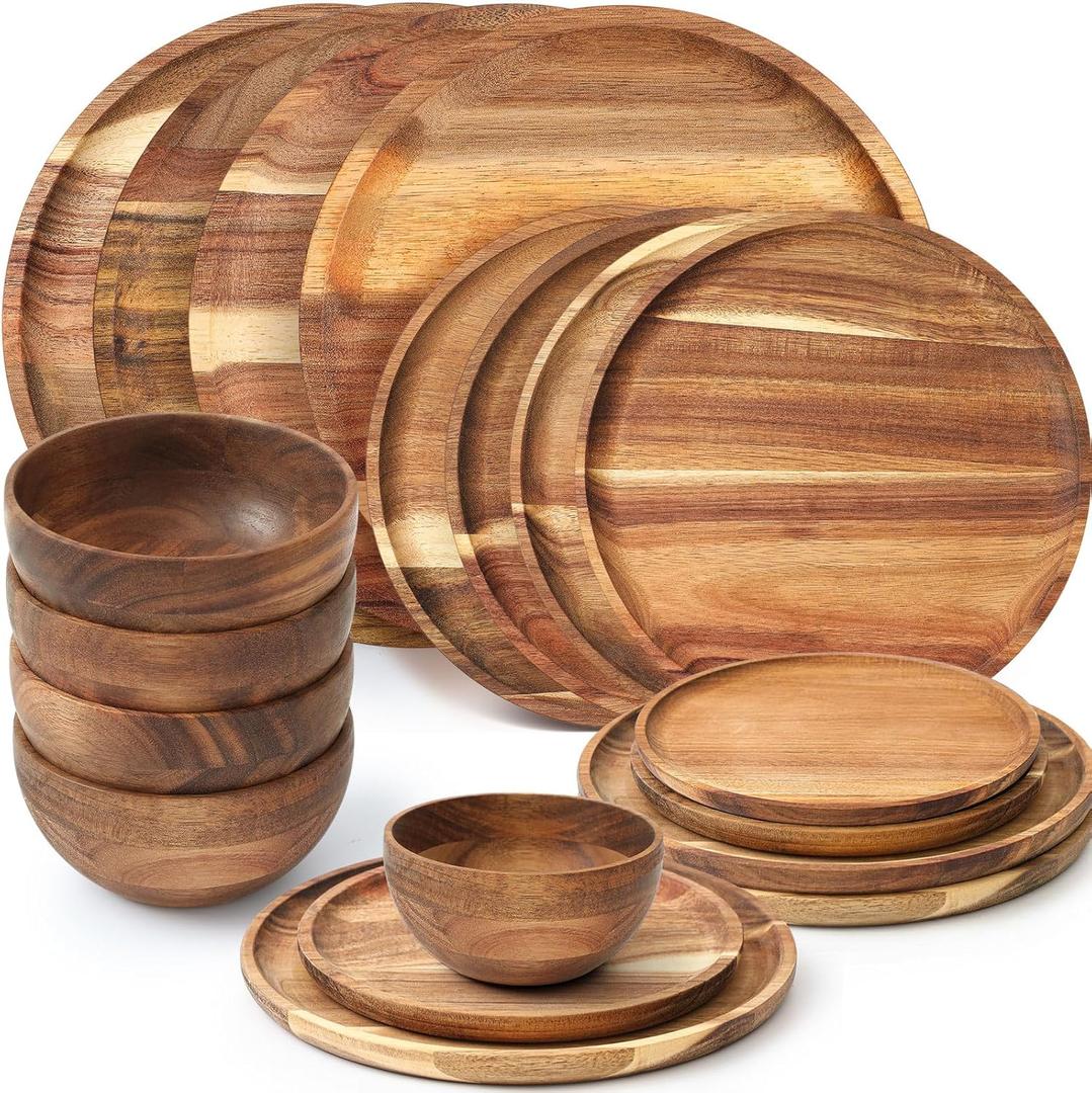 Jinei 12 Pcs Acacia Wood Plates and Bowls Set Round Wood Plates and Bowls Set of 4, Unbreakable Classic Plate Easy to Clean Lightweight for Dishes Snack, Dessert