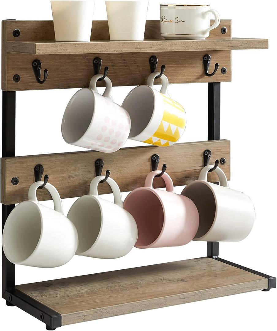 IBUYKE Rustic Coffee Mug Holder Stand, 2 Tier Countertop Mug Tree Holder Rack with Storage Base, Vintage Mug Holders for Kitchen, Holds 8 Mugs, Beige UTBJ002Y (Greige)