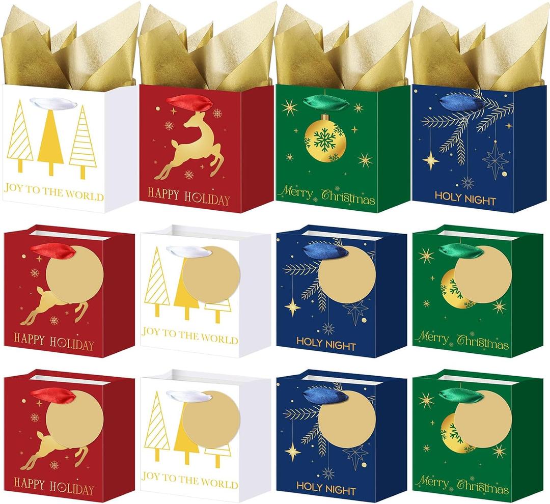 AmazingSpark 24 Pcs Small Christmas Gift Bags with Tissue Paper and Handle Reusable Christmas Paper Gift Bags with Tags for Holiday Present Wrap Giving 4 Style, 5 x 4.33 x 2.76 Inch(Xmas,Classic)