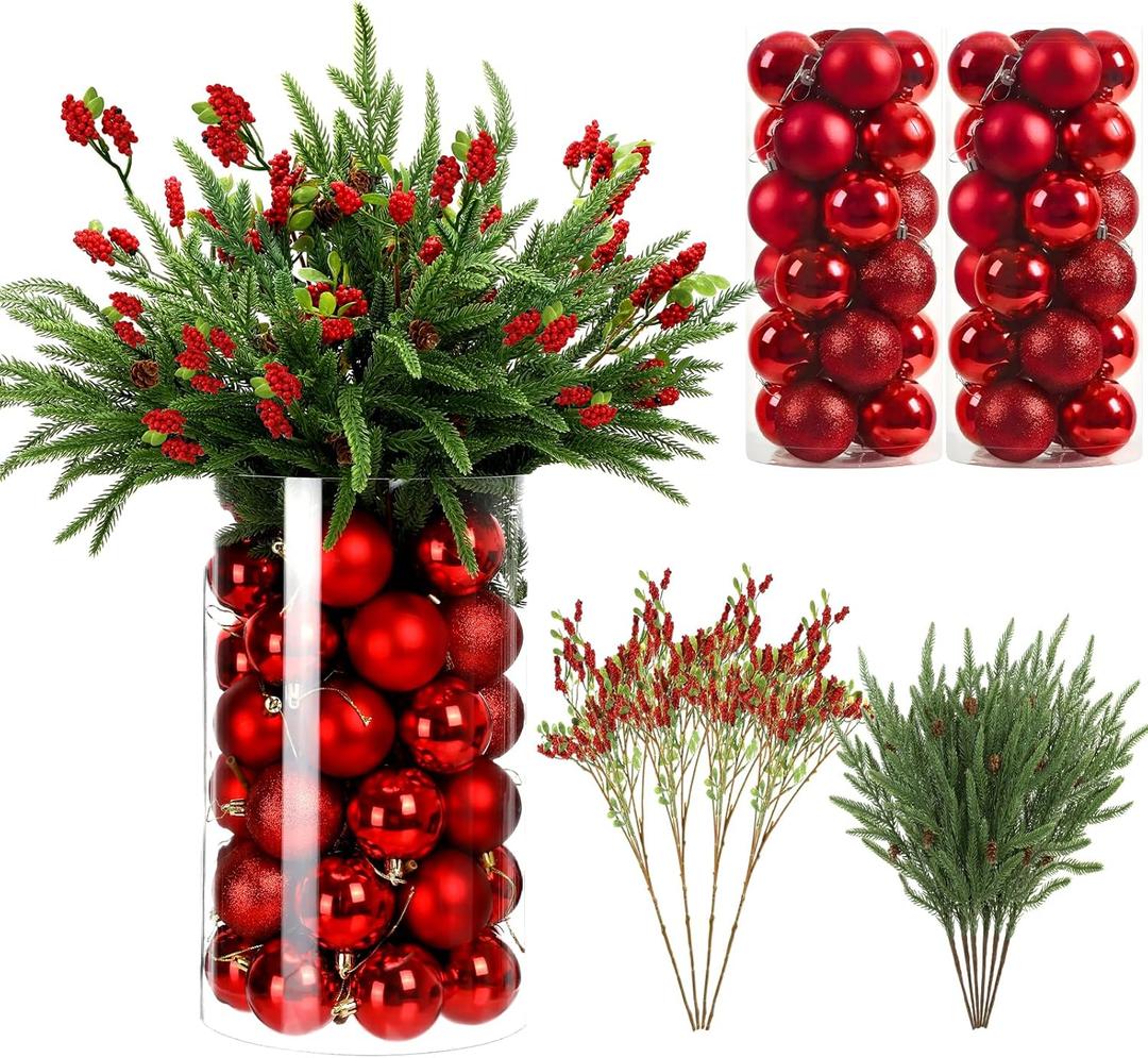 Giegxin 58 Pcs Christmas Norfolk Pine Stems with Small Pinecones and Red Berries Branches Red Christmas Balls for DIY Home, Wreath Garland Xmas for Indoor/Outdoor Floral Arrangements
