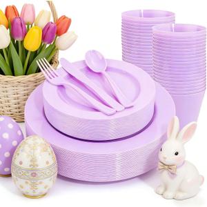 KIRE 150 PCS Purple Plastic Plates - Purple Dinnerware Set Disposable 25 Dinner & 25 Salad Plates 25Forks 25Knives 25Spoons 25Clear Cups for Birthday/Baby Shower/Easter/Spring
