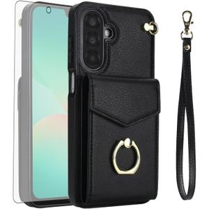 Asuwish Phone Case for Samsung Galaxy A17/A26 5G Wallet Cover with Tempered Glass Screen Protector and RFID Blocking Ring Credit Card Holder Leather Cell Accessories A 17 26 17A 26A 4G Women Men Black