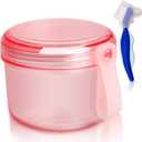 Leak Proof Denture Cups Bath, Dishwasher safe, Denture Case for Soaking Full & Partial Dentures, Retainers, with Hard Denture Cleaner Brush & Denture Brush Cover (Transparent Rouge)