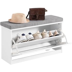 Haotian Small Shoe Cabinet Bench, Modern Shoe Storage Solution with Padded Cushion, 1 Flip Drawer for Narrow Entryway, White FSR195-W
