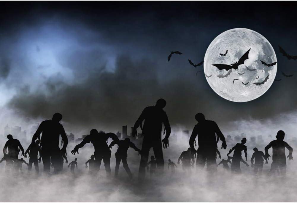 CSFOTO 5x3ft Halloween Backdrop Halloween Theme Party Background for Photography Scary Night Foggy The Walking Zombie Full Moon Bats Child Baby Portrait Wallpaper