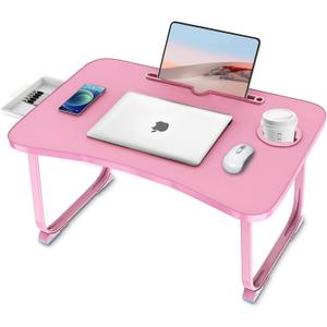 Fayquaze Portable Foldable Laptop Bed Table with Storage Drawer and Cup Holder, Laptop Desk Stand Tray for Eating, Reading and Working (Pink)