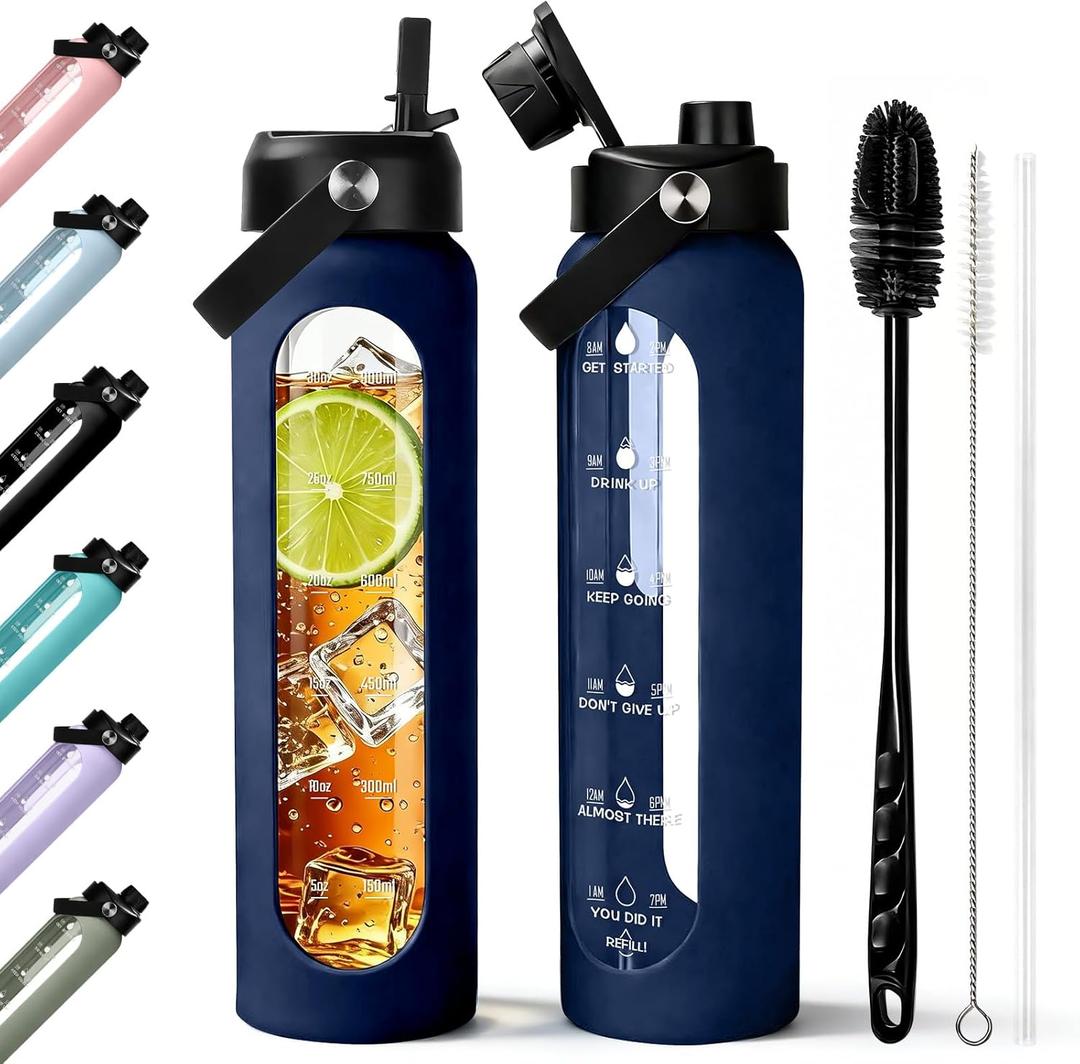 Aqulea 32 oz Glass Water Bottle with 2 Lids Spout & Straw Lids, 1L Motivational Borosilicate Glass Water Bottle with Time Marker & Silicone Sleeve, Leakproof (Blue)
