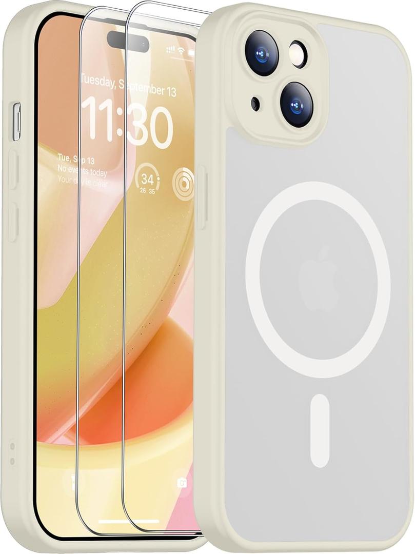 SPIDERCASE Designed for iPhone 15 Case, Magnetic with [2 Tempered Glass Screen Protector] [Full Camera Protection] Anti-Scratched Slim Phone Case for iPhone 15 6.1,Antique White