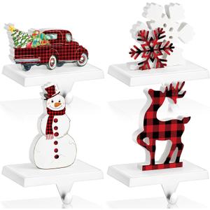 Hicarer Set of 4 Christmas Stocking Holders for Mantle Metal Wooden Stocking Hanger Farmhouse Rustic Stocking Hooks for Fireplace Mantel Decorations Holiday Party (Truck, Elk, Snowman, Snowflake)