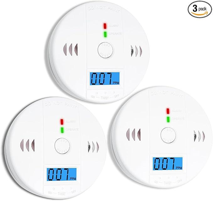 3 Pack Carbon Monoxide detectors, co Detector, Carbon Monoxide Alarm Detector Battery Powered with LCD Display, Carbon Monoxide Detector, UL2034 Standards, for Home