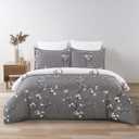 Soft Brushed Microfiber Duvet Cover Set with Zipper Closure and Corner Ties, Plum Blossom Branch Floral Printed Pattern, Grey and White Color, Reversible Design, King Size(104x90 Inches)