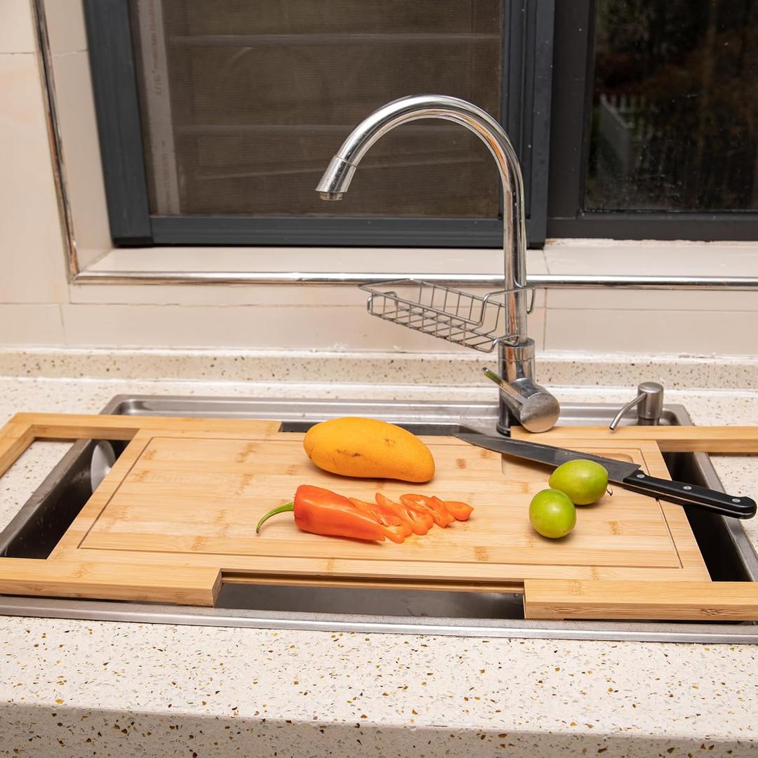 Defined Deco Over The Sink Cutting Board, Kitchen Sink Cover for Counter Space, Extra Large Expandable Cutting Board Over Sink, Natural Bamboo Cutting Boards with Juice Groove, 23.8"L x 12.5"W