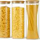 D2scrma 70oz Straight cylindrical Airtight Storage Jars with Bamboo Lid Set of 3 Storage Container Glass Jars, Kitchen Canister for Noodles, Pasta and Coffee beans (‎with Black Lable)