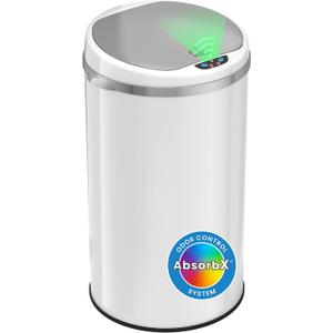 iTouchless 8 Gallon Trash Can with Odor Filter, White Stainless Steel Trashcan Round Garbage Bin for Home Office Work Bedroom Living Room Garage Large Capacity Slim Wastebasket