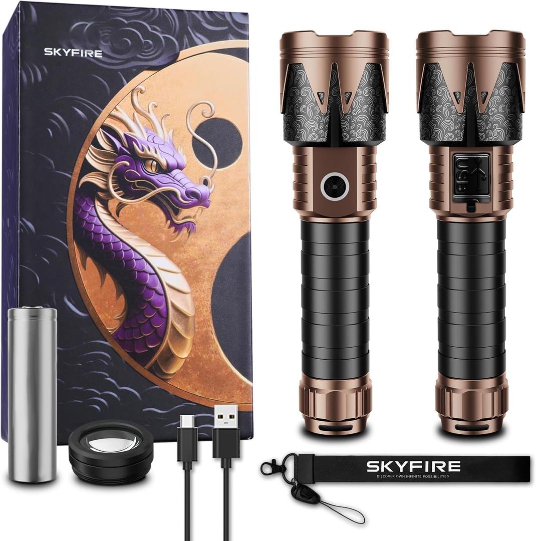 SKYFIRE Rechargeable Flashlights High Lumens 2 Pack with Ignition Lens, 8000mAh Mini Bright Tactical Torch with 6 Modes Waterproof Zoomable LED Flash Light for Camping Essentials Outdoor Home Emergency