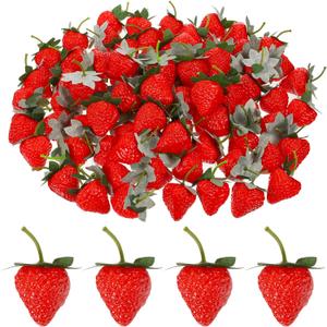 100 Pcs Cute Artificial Strawberries, Fake Plastic Red Strawberries Faux Realistic Strawberry Decor Lifelike Fake Fruit Decorative for Photography Prop Cake Christmas Decoration