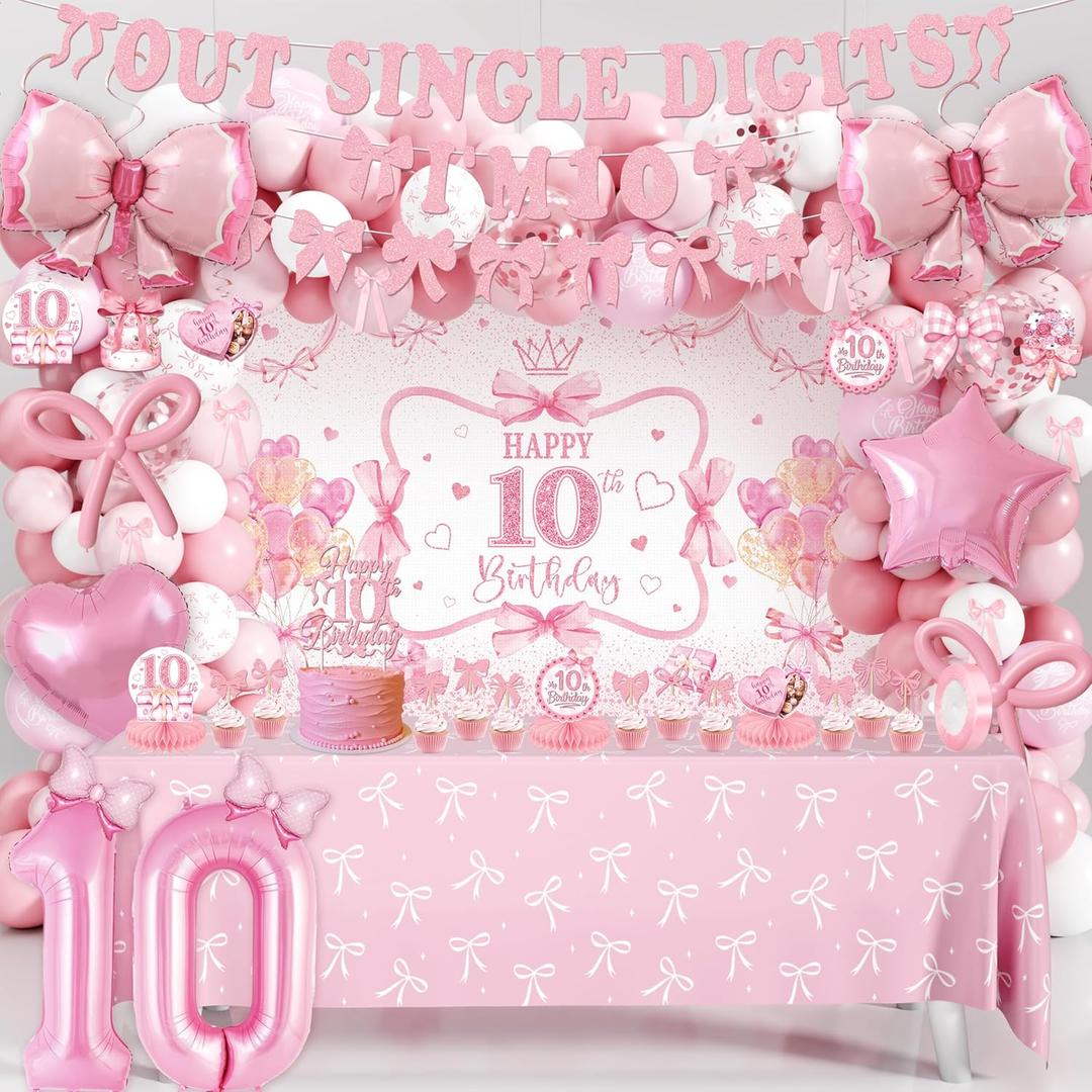 10th Birthday Decorations for Girl, Pink Bow Themed Party Supplies Includes "I'm 10" Banner, Backdrop Hanging Swirls, Centerpieces Number 10 Balloon & Mini Bow Balloons for Double Digits Birthday Girl