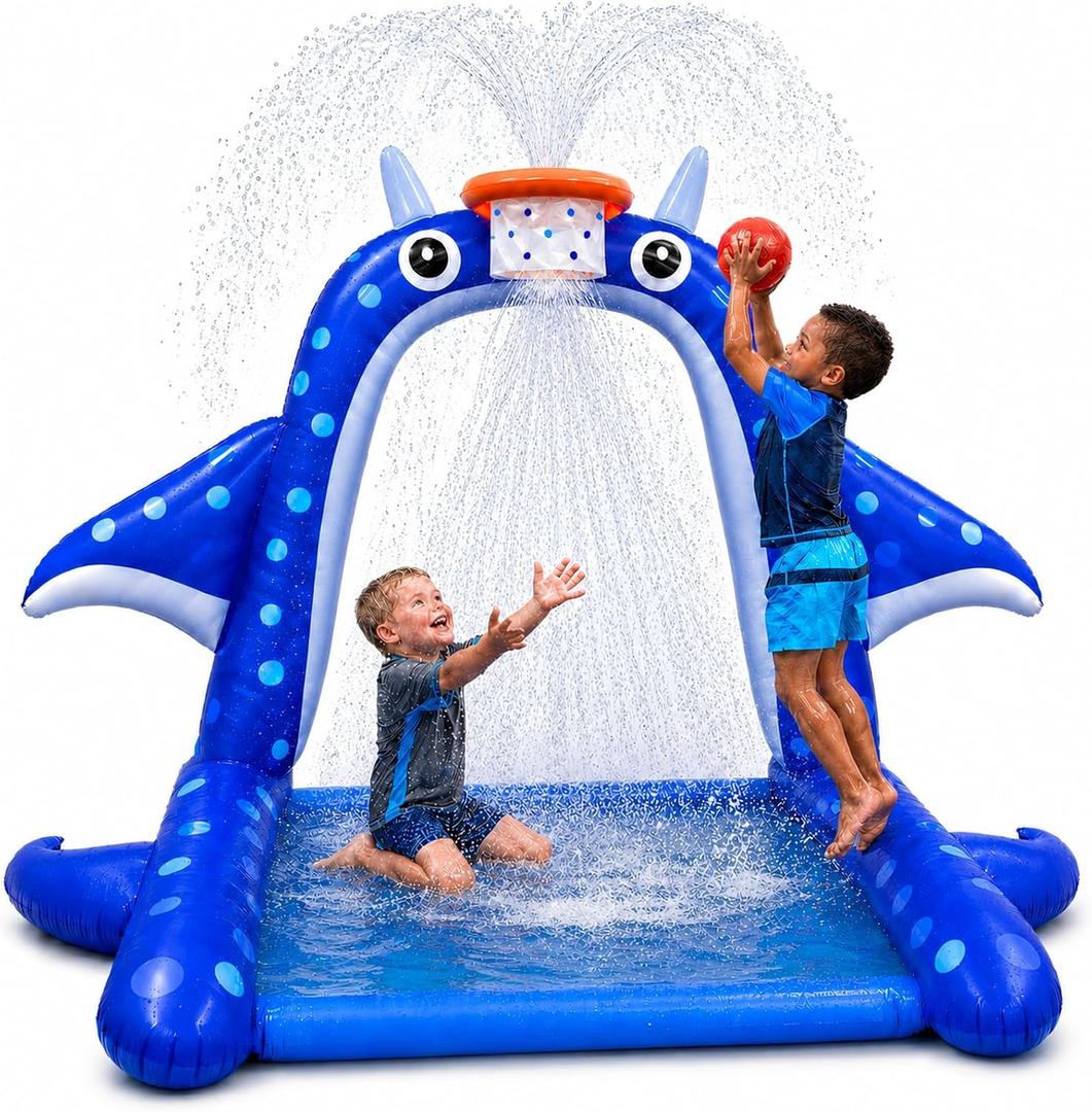 Sprinkler Splash Pad for Kids: Manta Ray Sprinkler with Basketball Hoop, Inflatable Water Play Mat, Outdoor Water Toys for Backyard Summer Play, for Toddlers and Kids Ages 1-3, 4-8, 8-12