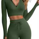 QINSEN Long Sleeve Workout Shirt for Women High Funnel Neck Crop Tops Tummy Control Leggings Fitted 2 Pieces Sets (Small, Y118 Army Green)