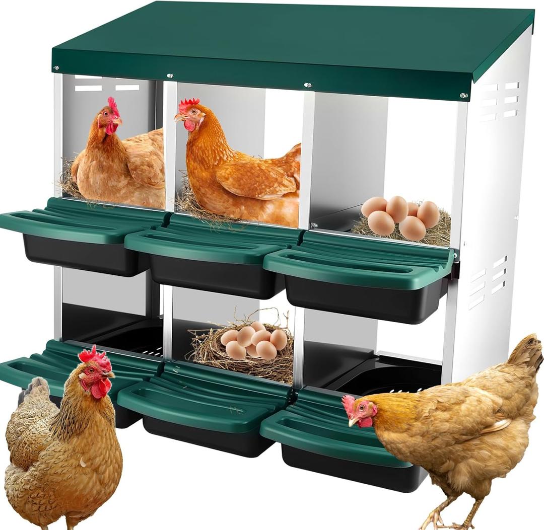 Chicken Nesting Box - 6 Hole Metal Roll Away Egg Laying Box for Hens, Heavy Duty Chicken Coop Nesting Box with Perch & Ventilation, Rust-Proof Poultry Nest (Green)