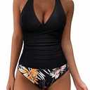SUUKSESS Women Sexy Halter Tankini Bathing Suits Slimming Tummy Control High Waisted Swimsuits 2 Piece (Retro Black Floral, Small)