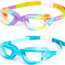 Freela Kids Swim Goggles, 2 Packs Swimming Goggles for Kids 3-14, Boys Girls Swim Goggles Anti Fog UV Protection No Leaking (Rainbow Coast & Blue Lagoon)