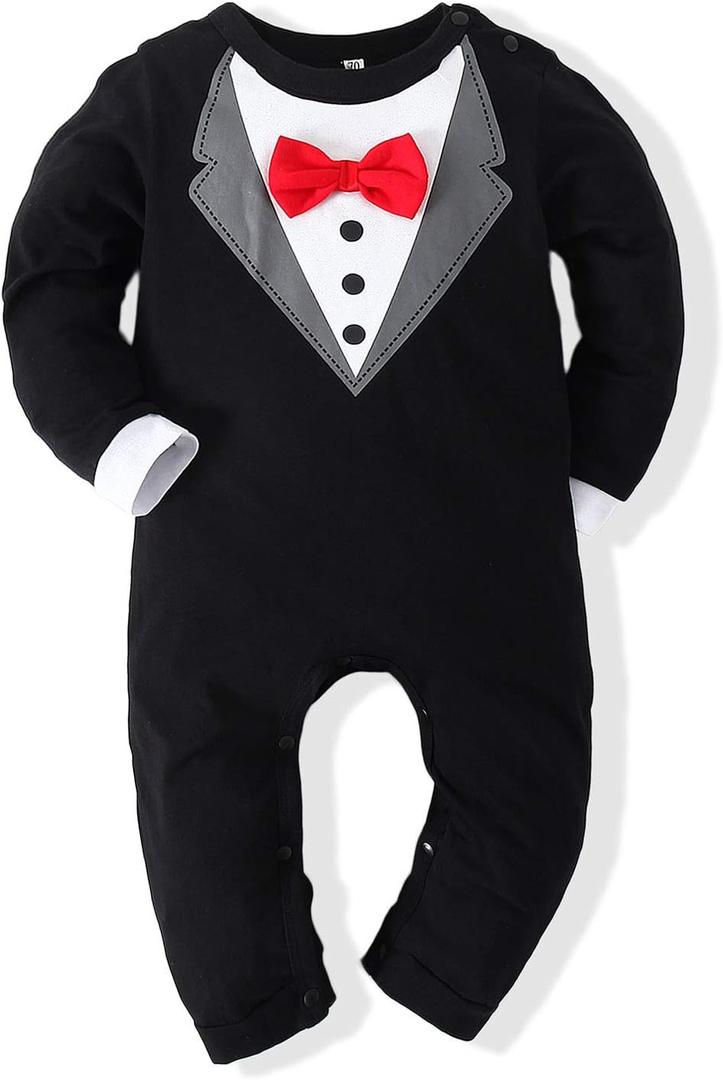 Kimocat Baby Boy Romper Tuxedo Jumpsuit Gentleman One-Piece Button-Down Bowtie Wedding Suit Bodysuit (0-6 Months, Black&red Bowtie)