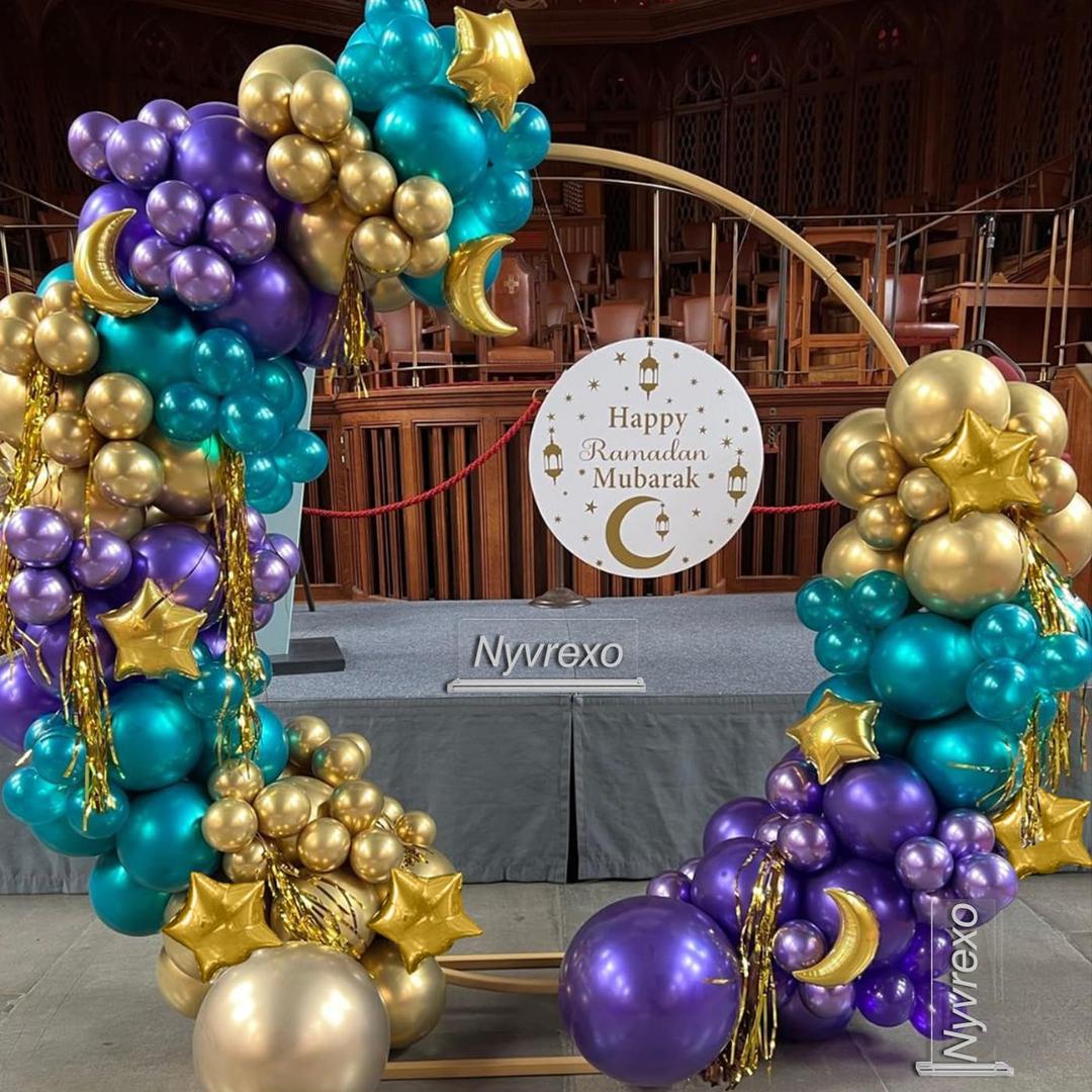 144pcs Eid Mubarak Balloon Arch Kit, Ramadan Eid al-Adha Decorations, Turquoise Teal Blue Purple Gold Moon Twinkle Star Balloons Garland, Happy Eid al-Fitr Party Muslim Islamic EID party for Home (Multicolor)