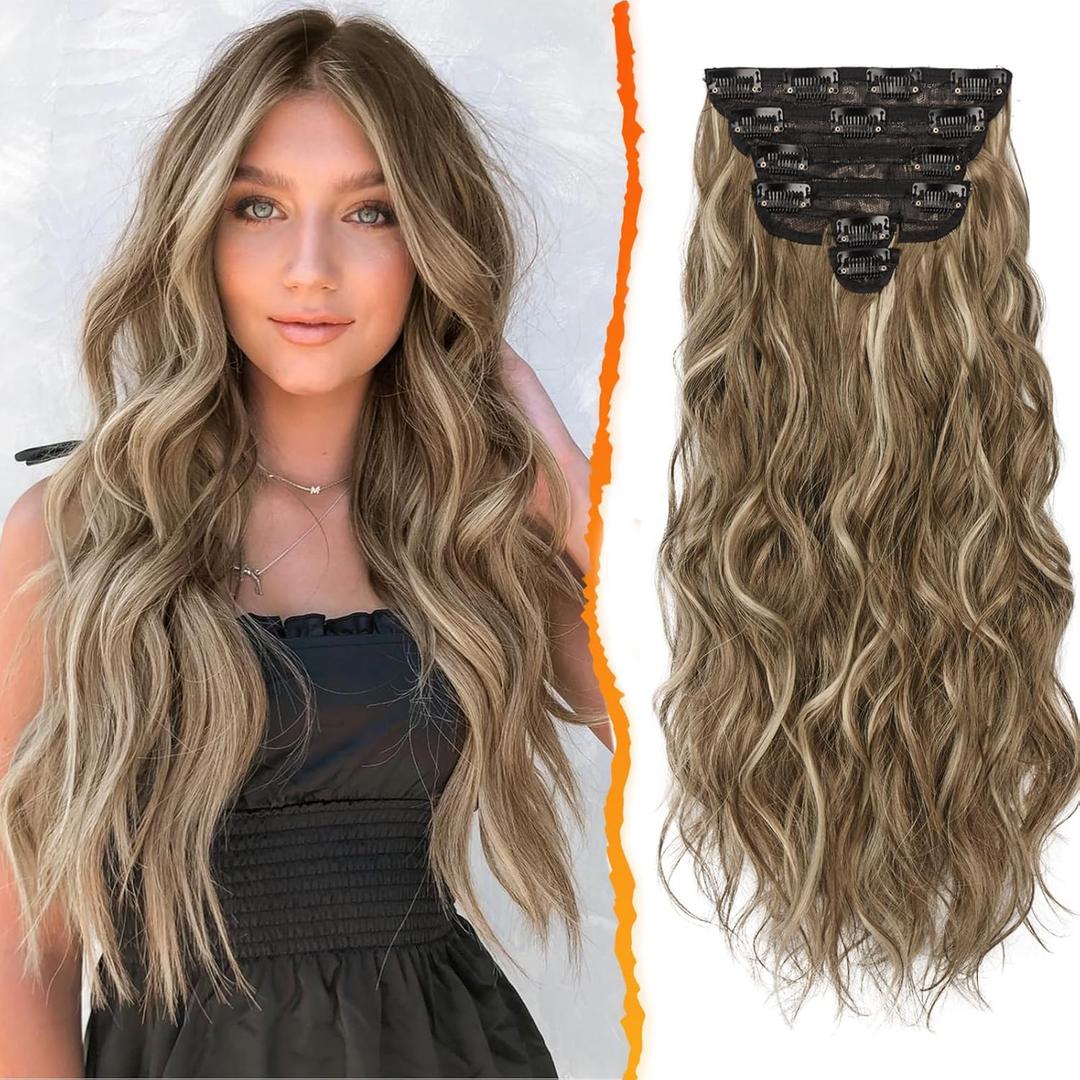 BARSDAR Clip in Hair Extensions for Women - 6PCs Long Wavy Highlight Balayage Hair Extensions - 20 Inch Full Head Thick Soft Synthetic Clip in Hairpieces Daily - Ash Brown & Blonde