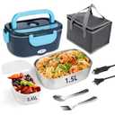SOHIDA Electric Lunch Box, 12V/24V/110V Portable Food Warmer with SS Fork & Spoon for Car/Truck/Office, 80W Self Heating Lunch Box with 1.5L 304 Stainless Steel Container & 0.45L PP Fruit Box Sky Blue