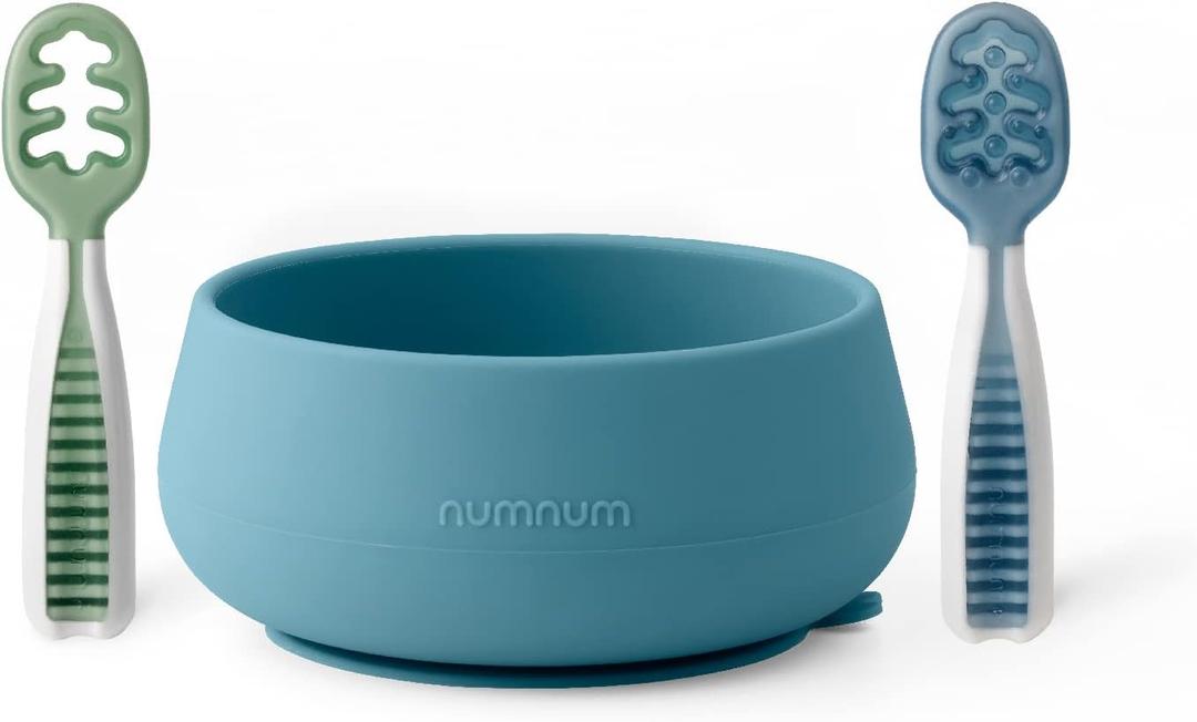 NumNum Baby Bowl & 2 Pack GOOtensils Baby Spoons, Suction Bowls for Baby 4+ Months, Extra Strong NonSlip Suction, 100% FoodGrade Silicone, BPAFree, Microwave & Dishwasher Safe (Blue/Green)