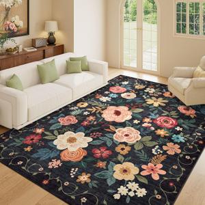 DUKINO 8x10 Area Rug, Floral Rugs for Living Room, Lightweight Non Slip Washable Rug, Indoor Low Pile & Non-Shedding Boho Design Rugs for Bedroom, Living Room, Dining Room, Black