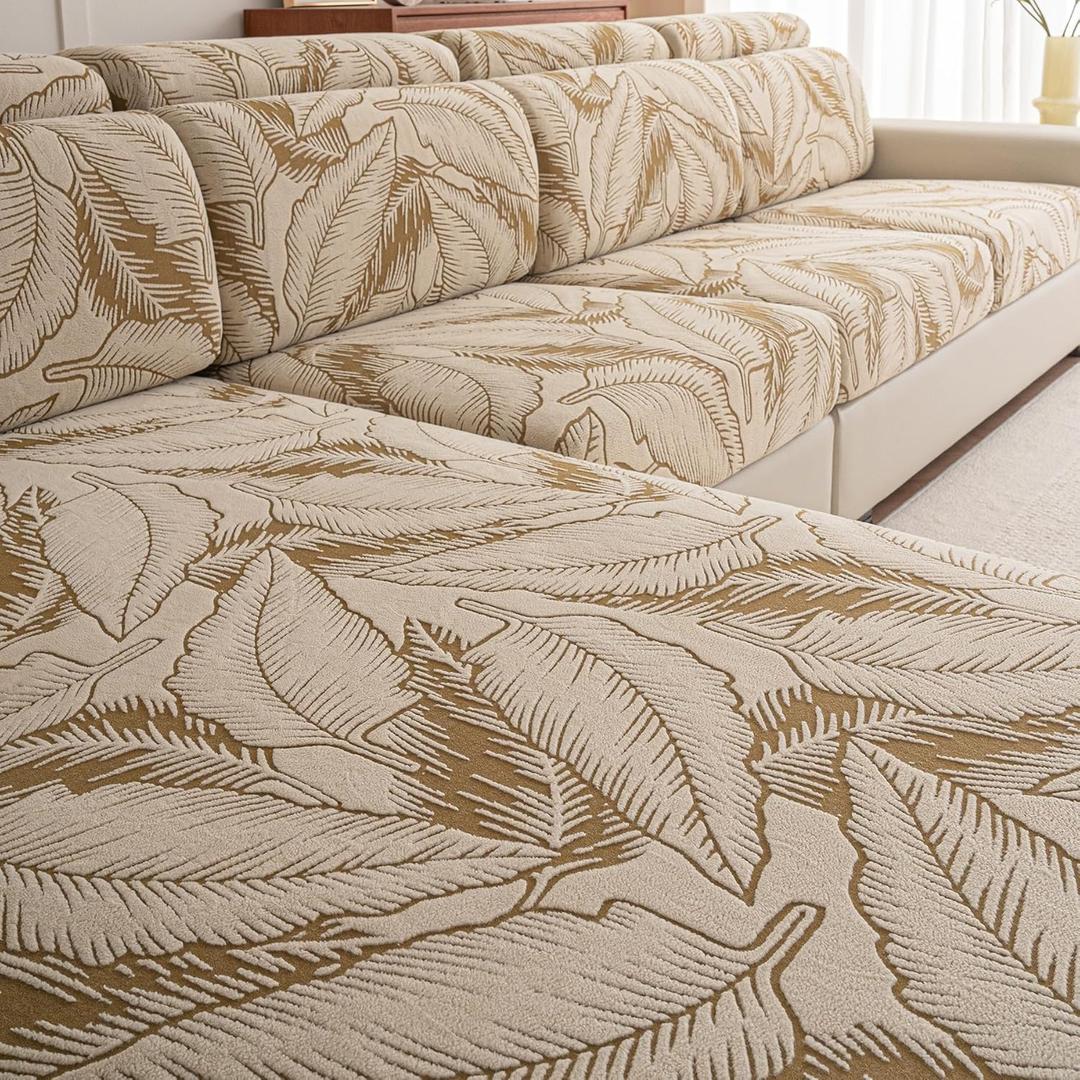 Sofa Cover Washable Sectional Couch Covers Sofa Slipcovers for 3 Cushion Couch Pet Friendly L Shaped Couch Protector Leaf Printed Covers for Dogs (3 PCS+1 Chaise, Khaki)