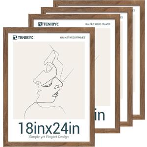 18x24 Frame Walnut 4 Pack, Brown Wood 18 x 24 Poster Frame, Display Pictures, Posters, Puzzles, Horizontal or Vertical Wall Hanging