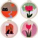 XunYee 4 Sets DIY Punch Needle Kits for Adult Beginners Cute Cat with Flower with Hoop Punch 8 Inch DIY Needle Embroidery Sets Starter Craft Set Easy for Adults Children Festival Gift Decoration