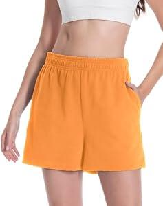 Auriviz Women's Sweat Shorts Comfy Lounge Running Shorts Gym Summer Casual High Waisted Athletic Shorts with Pockets Bright Orange Small