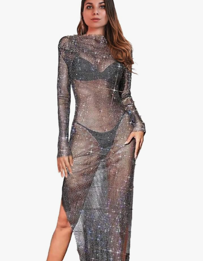 Aukmla Women Rhinestones Mesh Dress Black See Through Cover Up Dresses Beach Bikini Festival Fishnet Swimwear Cover Ups S