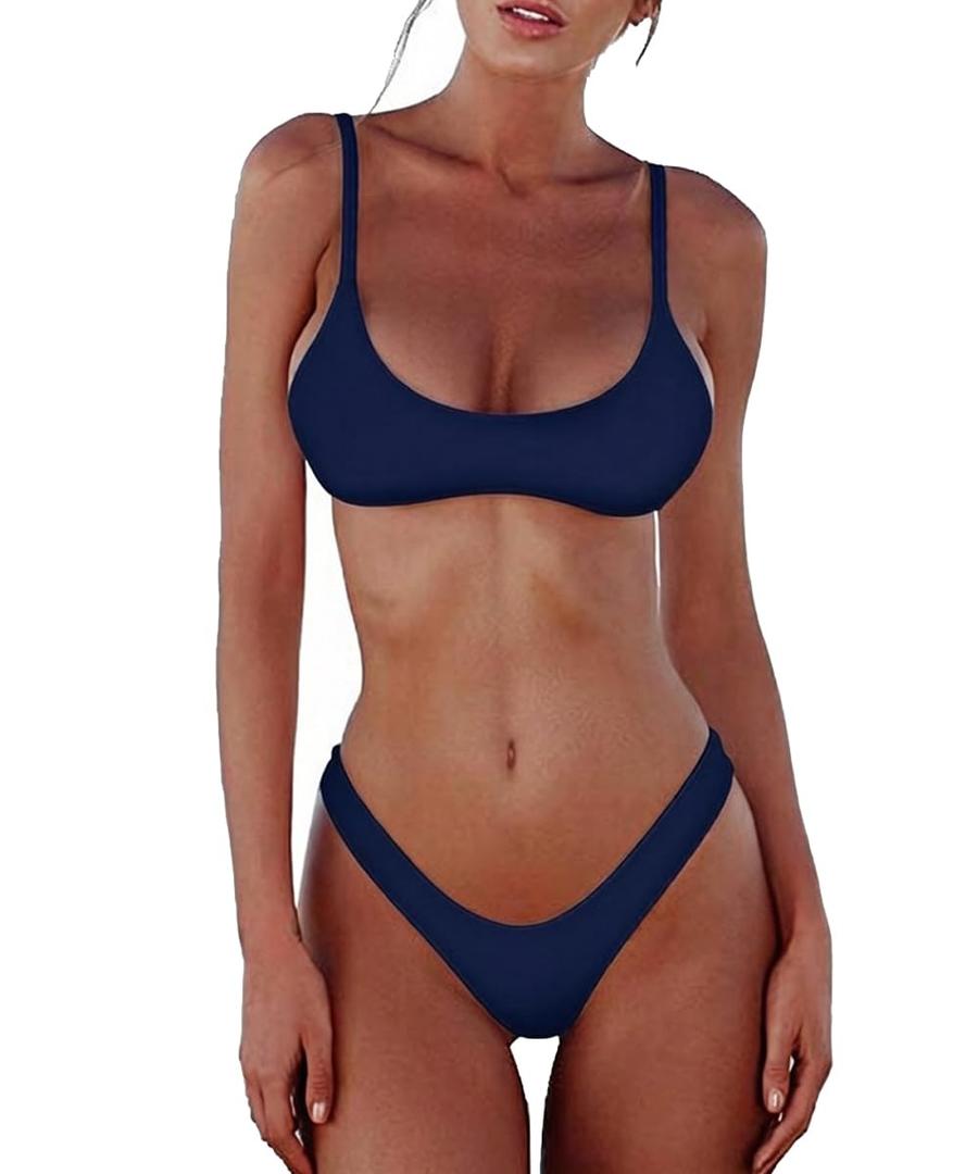 SherryDC Women's Solid Scoop Neck Push Up Padded Brazilian Thong Bikini Swimsuit, Small