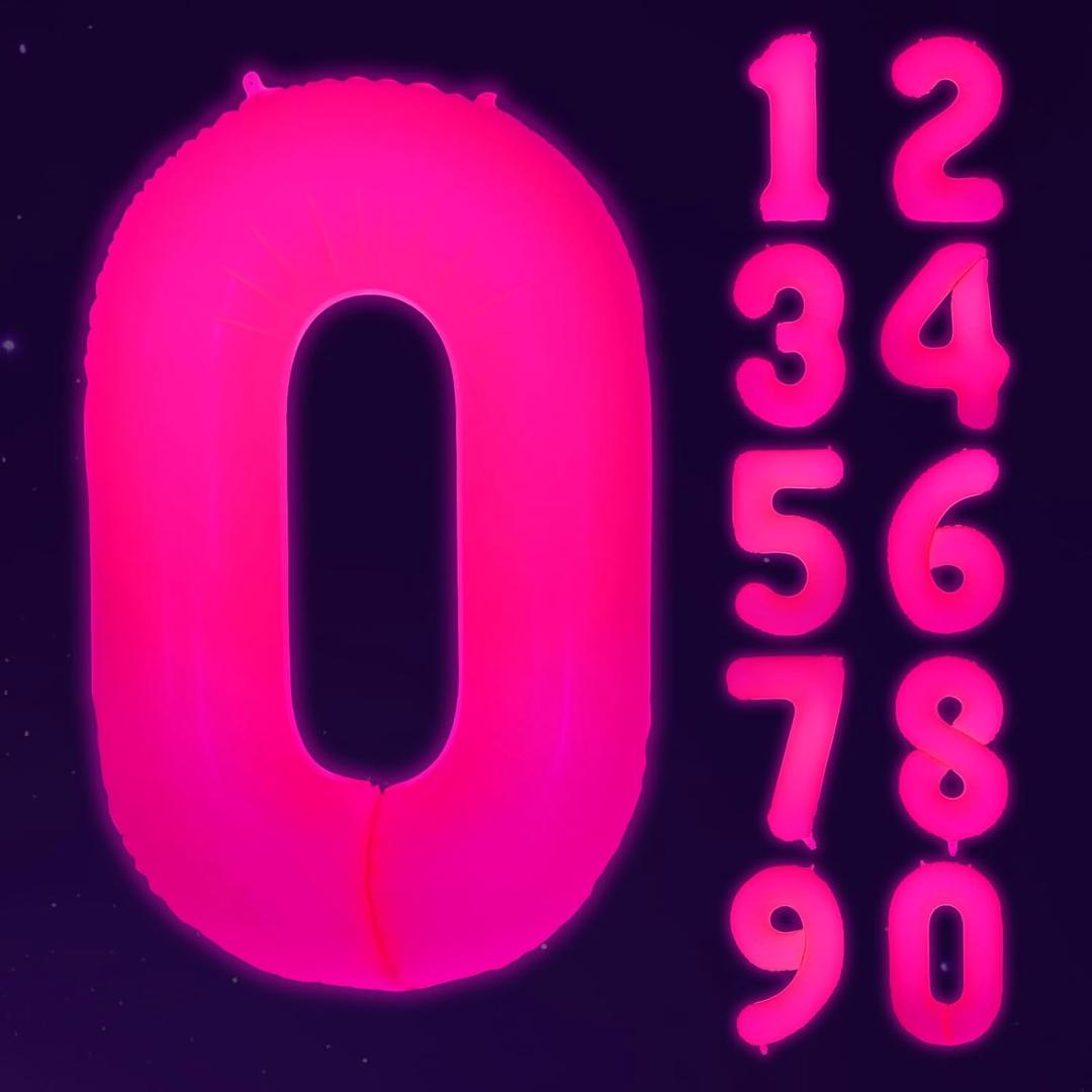 Mega-L Glow in The Dark Party Supplies, 40 Inch Neon Giant Fuchsia Number 0 Balloon for Birthday, DIY Numbers Balloons Happy Birthday Sign Photo Booth Props for Party Decorations