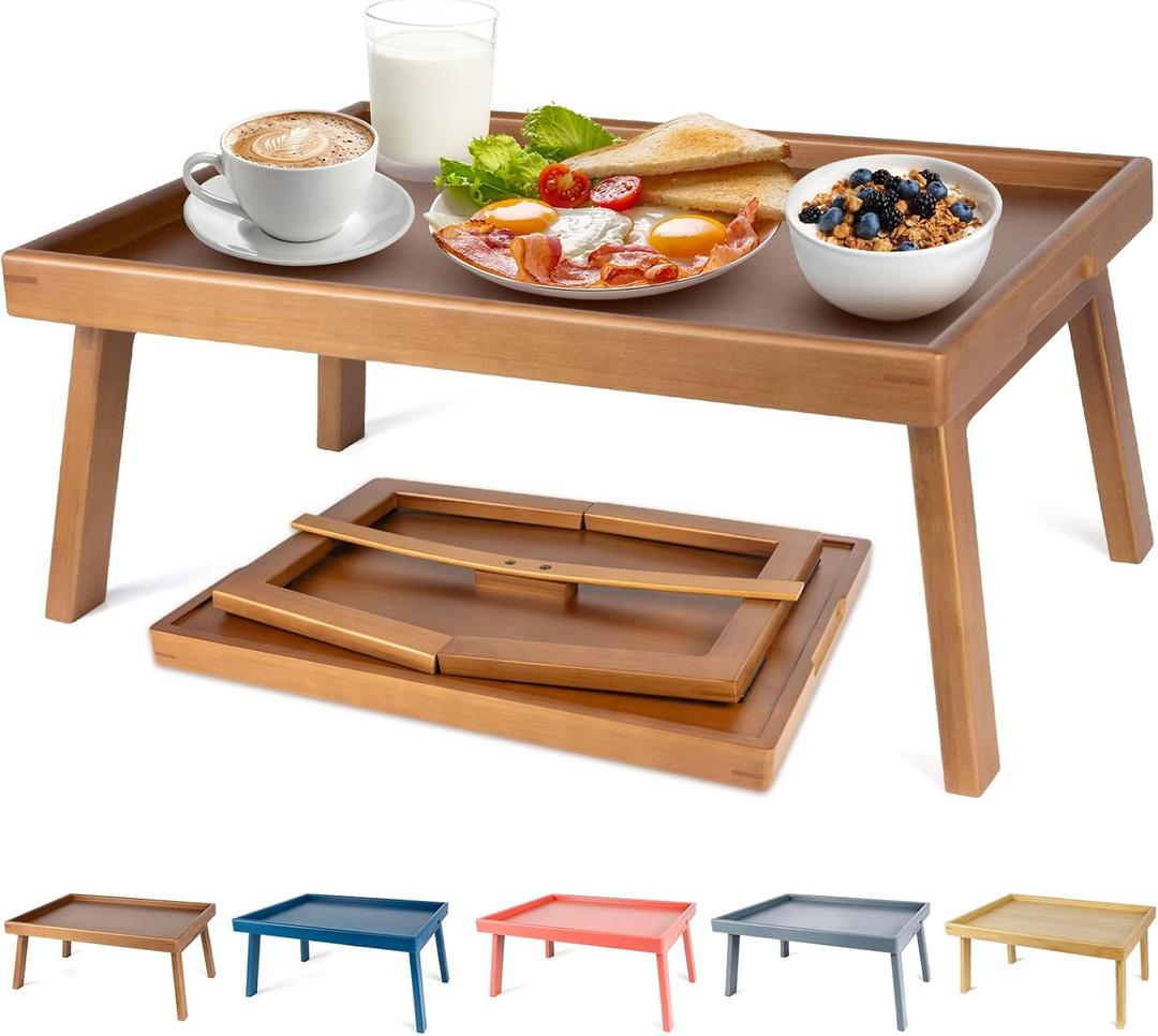 Large Bed Table Tray with Support Bar and Foldable Legs, Bamboo Breakfast Food Trays Table for Bed Sofa Eating and Laptops, TV Lap Tray Table on Couch (Applied for Invention Patent)