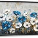 Flintis Large Blue and White Flowers Framed Wall Art Floral Pictures Wall Decor Abstract Landscape Canvas Painting Print Artworks Decor Framed for Living Room Bathroom Master Bedroom 60L X 30W