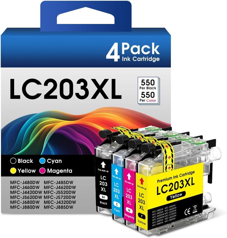 LC203XL Ink Cartridges Replacement for Brother LC203 XL LC201 LC203BK Printer Ink Work for Brothers MFC-J480DW MFC-J485DW MFC-J460DW MFC-J4620DW MFC-J4420DW Printer (BK/C/M/Y, 4Pack)