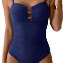 Aidonger One Piece Bathing Suit for Women Tummy Control Swimsuit Ruched Slimming Swimwear Cutout Swim Suit (Large, Navy Blue)