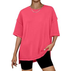 RUBZOOF Women's Oversized T Shirts Short Sleeve Side Split Tops Casual Shirts Tunic Maternity Mama Clothes (Pink, M)